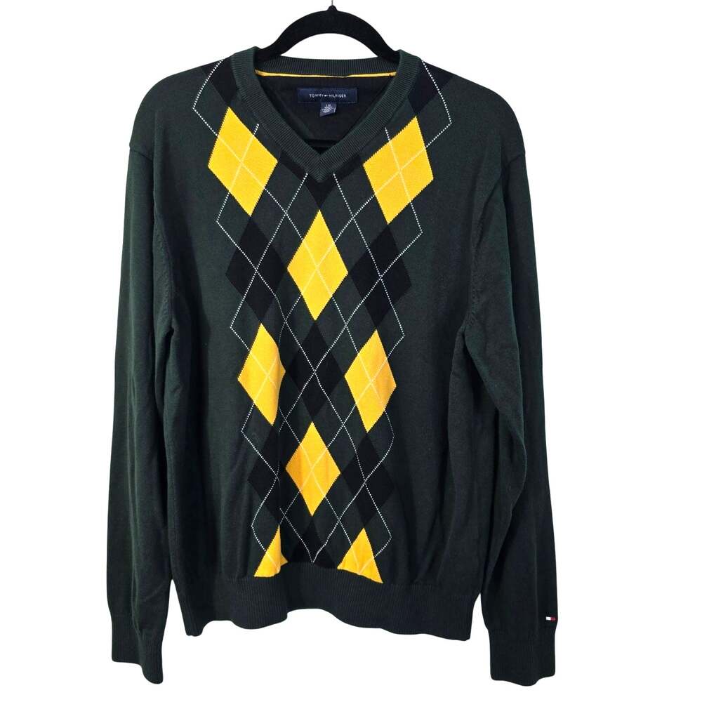 Tommy Hilfiger Sweater Men's L Green Yellow Argyle Plaid Academia Heritage Prep